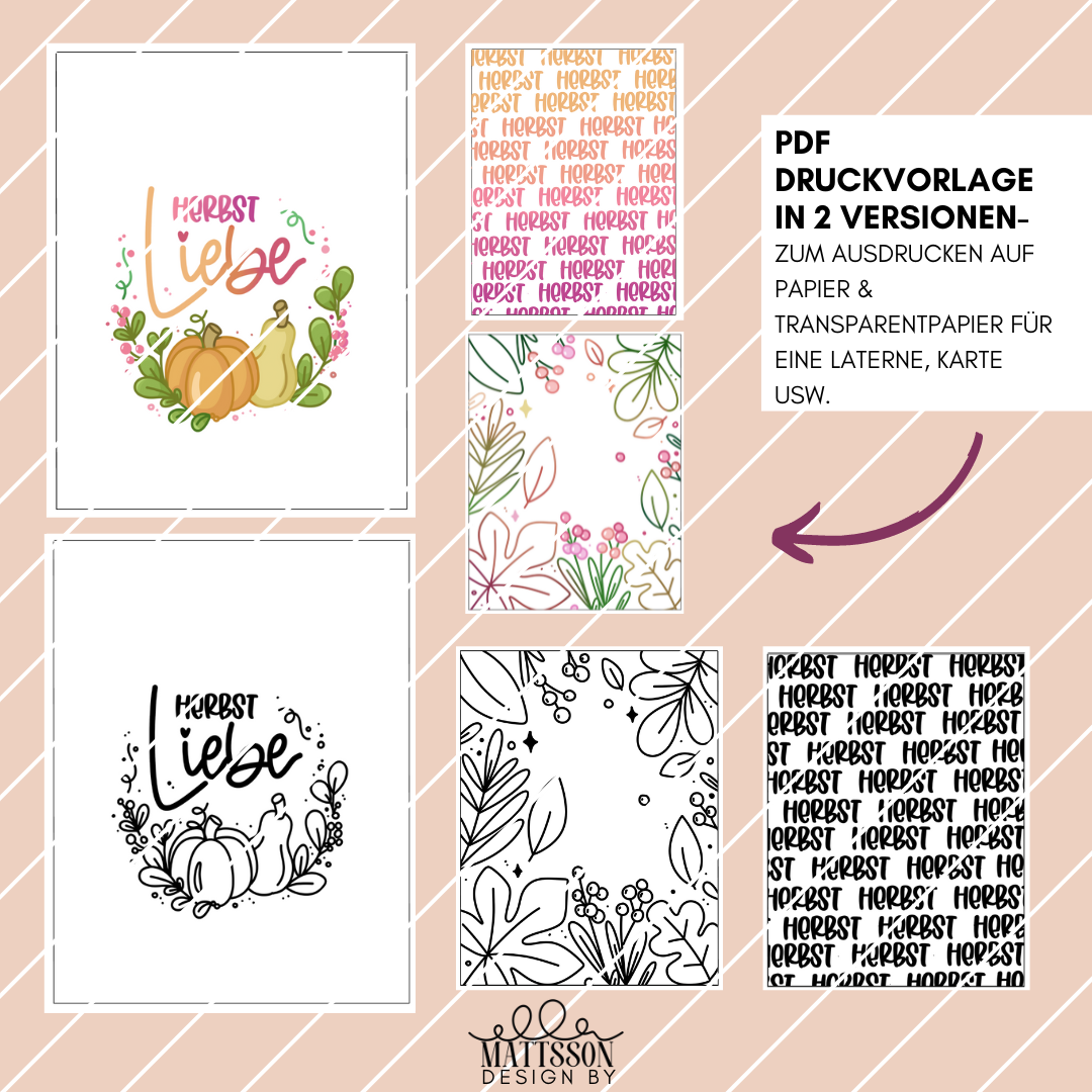 PDF Druckvorlage mit Herbst Liebe Motiven von easy-sticks, ideal zum Ausdrucken für eine Laterne oder Karte.