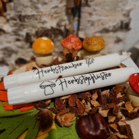 Zwei dekorative Marker mit der Schrift 'Herbstzauber' und 'Herbstgeflüster', umgeben von herbstlichen Accessoires. Herbstdiy Sprüche für den Plotter und in PDF zum Ausdrucken auf Wasserschiebefolie von easy-sticks.