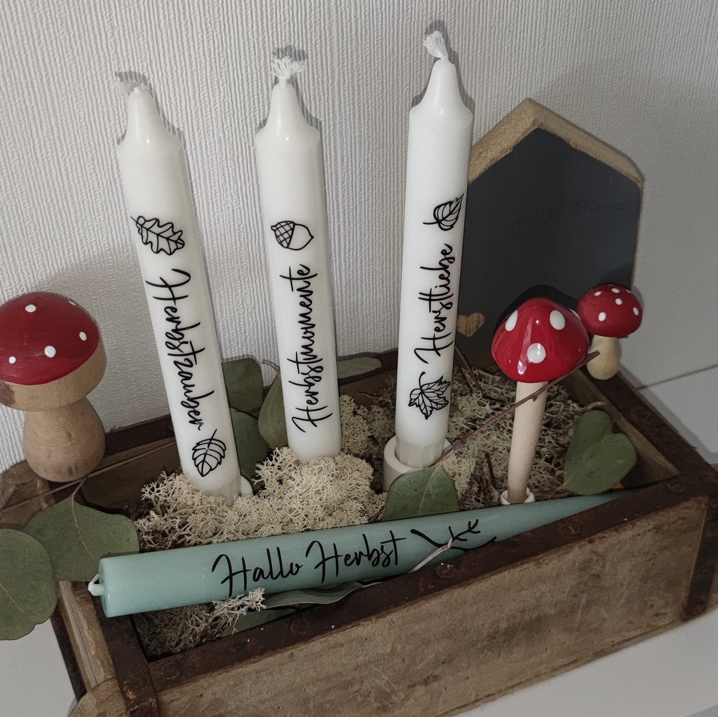 Herbstzeit Sprüche für den Plotter von easy-sticks: Dekorative Kerzen mit herbstlichen Motiven in einem rustikalen Kasten, ideal für kreative Projekte.