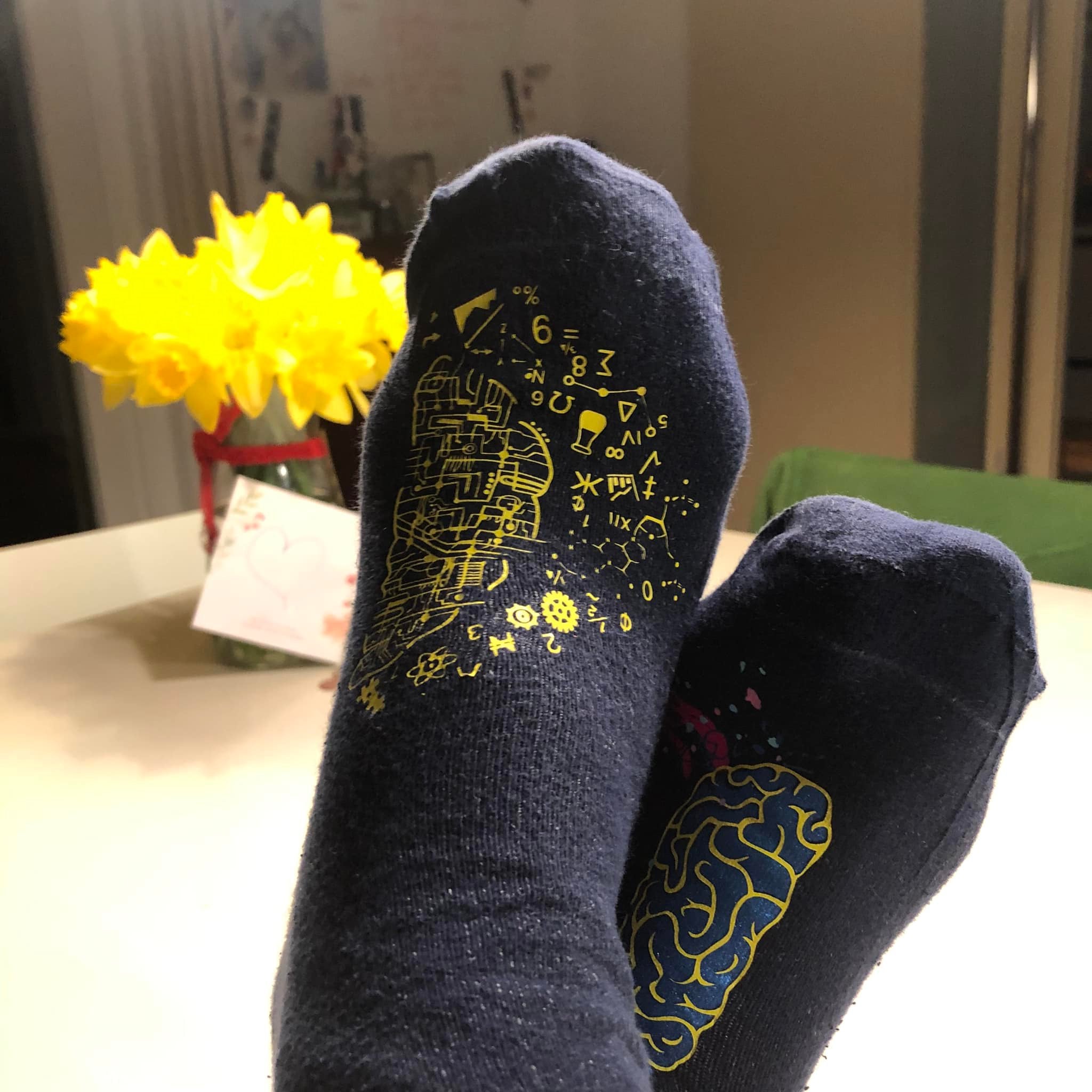Hirn Plotterdatei von easy-sticks auf einem Paar Socken, die ein intelligentes Design mit wissenschaftlichen Symbolen und einem kreativen Gehirn-Motiv zeigen.