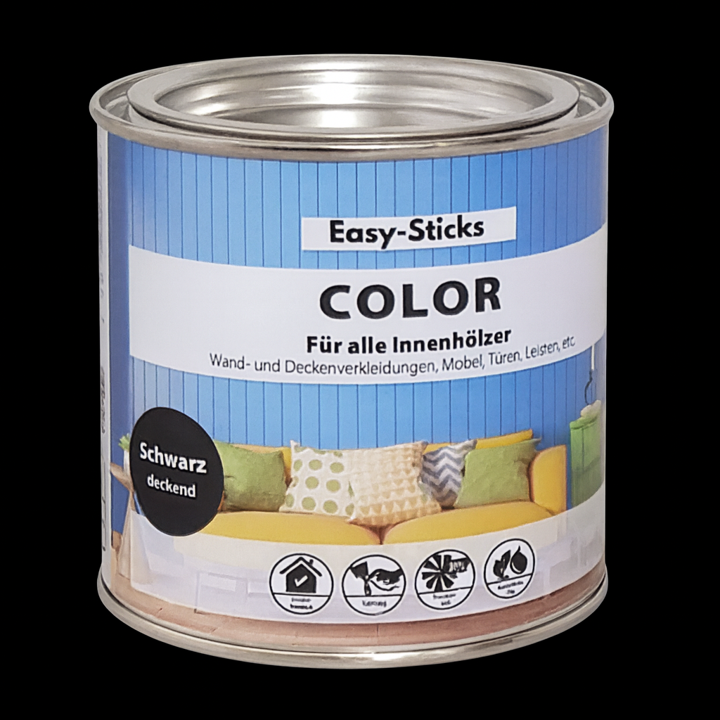 Easy-Sticks Color Holzlasur Schwarz - vielseitige Anwendung für Innenhölzer, Möbel und mehr, hochwertige schwarze Farbe.