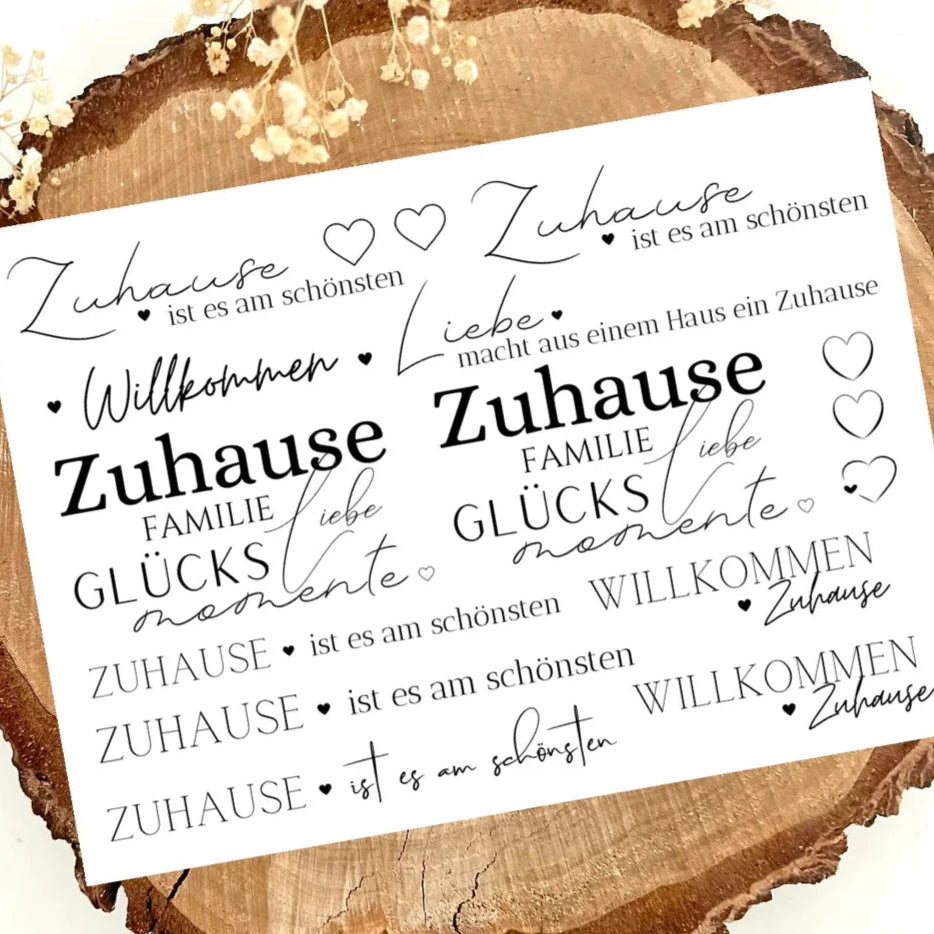 Schöne RUB ON UV Sticker von easy-sticks mit verschiedenen Designs und Sprüchen für ein gemütliches Zuhause, 3 A5 groß.