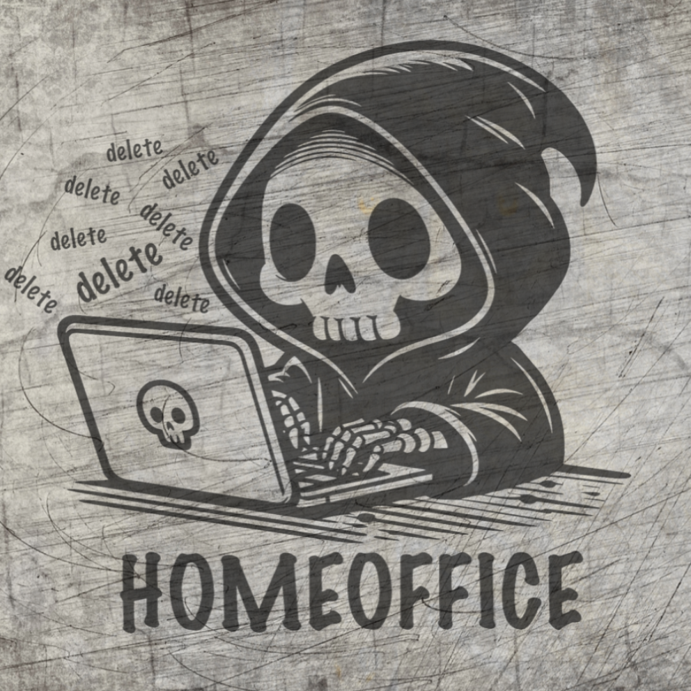 Kreatives Design der "Homeoffice" Plotterdatei von easy-sticks, zeigt einen gruseligen, lächelnden Skeleton, der an einem Laptop tippt, umgeben von dem Wort "delete".