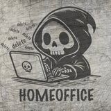 Kreatives Design der "Homeoffice" Plotterdatei von easy-sticks, zeigt einen gruseligen, lächelnden Skeleton, der an einem Laptop tippt, umgeben von dem Wort "delete".
