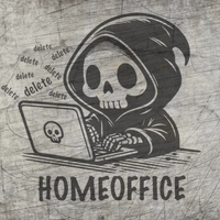 Kreatives Design der "Homeoffice" Plotterdatei von easy-sticks, zeigt einen gruseligen, lächelnden Skeleton, der an einem Laptop tippt, umgeben von dem Wort "delete".