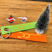 Bunte Schlüsselanhänger mit chemischen Strukturen von Hormonen, gefertigt aus Filz, präsentiert von easy-sticks, zu finden in der Plotter Datei "Hormone Zeichen".