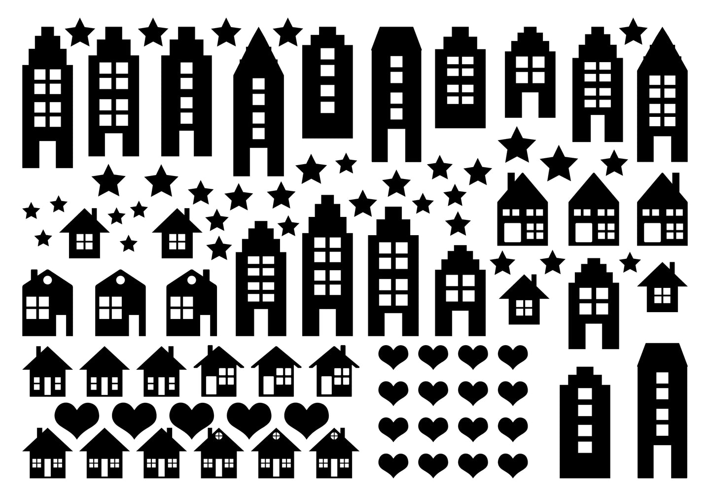 Schwarze Silhouetten von verschiedenen Häusern und Sternen, ideal für kreative Bastelprojekte. Häusermotive zum Downloaden von easy-sticks.