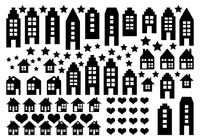 Schwarze Silhouetten von verschiedenen Häusern und Sternen, ideal für kreative Bastelprojekte. Häusermotive zum Downloaden von easy-sticks.