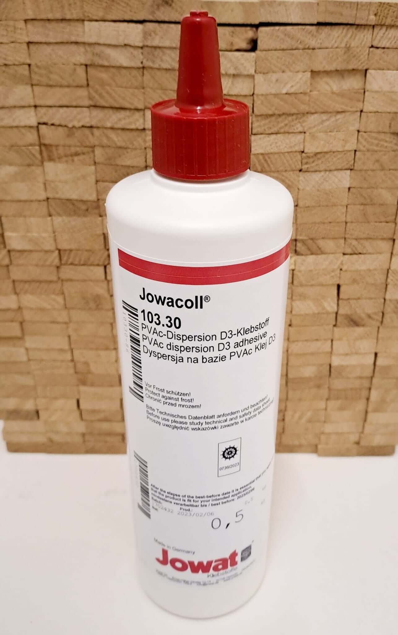 Easy-Sticks Jowacoll Holzleim 500 g, abgebildet auf einem strukturierten Holzuntergrund. Perfekt für wasserfeste Anwendungen in Innen- und Außenbereichen.