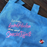 Modischer blauer Jutebeutel mit dem kreativen Spruch "Ich habe keine Macken das sind Special Effects" von easy-sticks, perfekt für jeden Anlass.