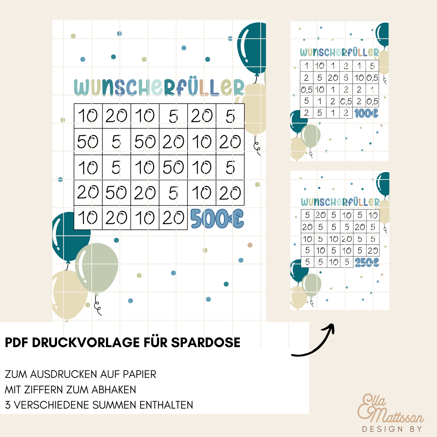 Wunscherfüller PDF Druckvorlage für Spardose von easy-sticks, farbenfrohes Design mit Zahlen zum Abhaken und Luftballons. Ideal als kreative Geschenkidee für Kinder.