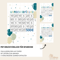 Wunscherfüller PDF Druckvorlage für Spardose von easy-sticks, farbenfrohes Design mit Zahlen zum Abhaken und Luftballons. Ideal als kreative Geschenkidee für Kinder.