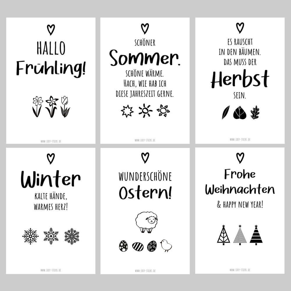 Die Rückseite ist weiß und gut beschreibbar.
Perfekt für die Kartenhalter!
1. Hallo Frühling!
2. Schöner Sommer.
3. Das muss der Herbst sein.
4. Winter: Kalte Hände, warmes Herz!
5. Wunderschöne Ostern!
6. Frohe Weihnachten!