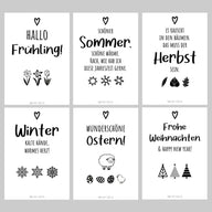 Die Rückseite ist weiß und gut beschreibbar.
Perfekt für die Kartenhalter!
1. Hallo Frühling!
2. Schöner Sommer.
3. Das muss der Herbst sein.
4. Winter: Kalte Hände, warmes Herz!
5. Wunderschöne Ostern!
6. Frohe Weihnachten!