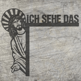 Schwarz-weißes Design von einer Jesusfigur mit dem Schriftzug "Ich sehe das" auf Holzstruktur, von easy-sticks.