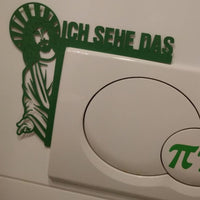 Grünes Schild mit der Jesusfigur und dem Schriftzug "Ich sehe das" neben einem Schalter, von easy-sticks.