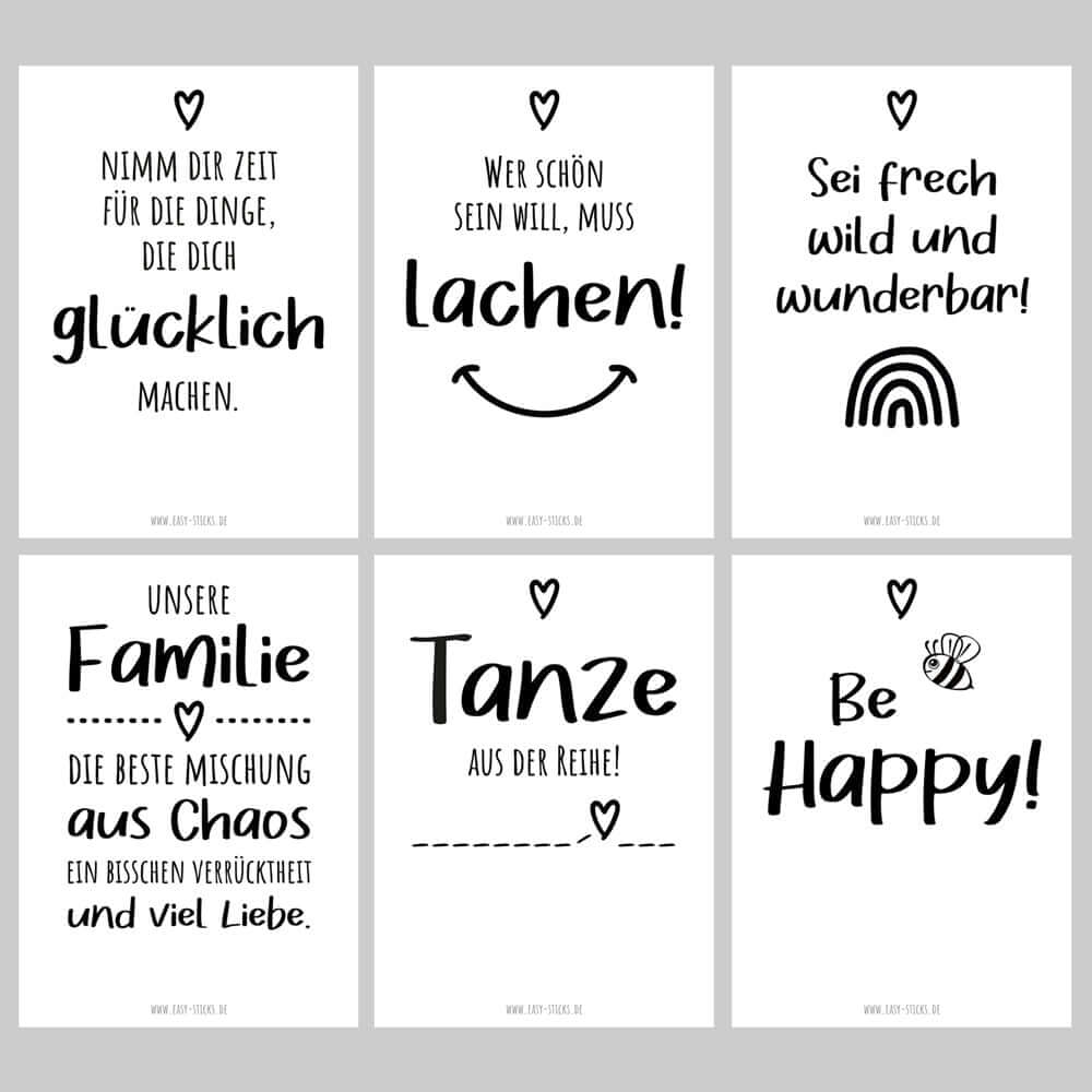 Sechs kunterbunte Postkarten im A6 Format mit positiven Sprüchen von easy-sticks, Teil des 6er Set Happy zum Ausdrucken, für kreative Grüße und Herzensmenschen.