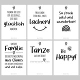 Sechs kunterbunte Postkarten im A6 Format mit positiven Sprüchen von easy-sticks, Teil des 6er Set Happy zum Ausdrucken, für kreative Grüße und Herzensmenschen.