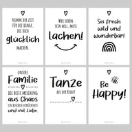 Sechs kunterbunte Postkarten im A6 Format mit positiven Sprüchen von easy-sticks, Teil des 6er Set Happy zum Ausdrucken, für kreative Grüße und Herzensmenschen.
