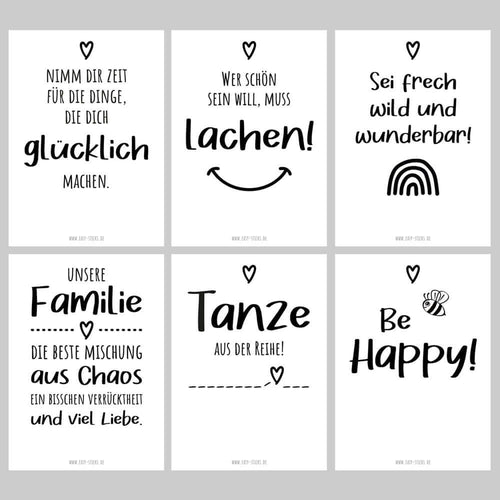 Sechs kunterbunte Postkarten im A6 Format mit positiven Sprüchen von easy-sticks, Teil des 6er Set Happy zum Ausdrucken, für kreative Grüße und Herzensmenschen.