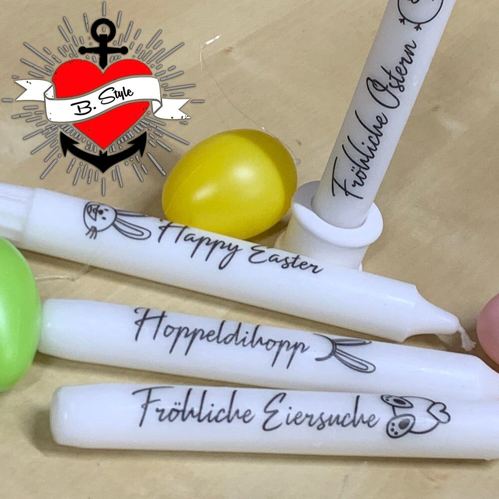 Ostern - Frühling Sprüche Plotterdatei von easy-sticks, fröhliche Kerzen mit österlichen Motiven und bunten Eiern, perfekt zum Fest dekorieren.