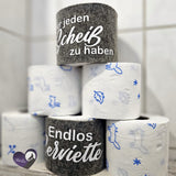 Stapel von Klorollen mit Sprüchen von easy-sticks, darunter 'Endlos Serviette' und 'Für jeden Scheiß zu haben', ideal für DIY-Bastelprojekte.