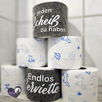 Stapel von Klorollen mit Sprüchen von easy-sticks, darunter 'Endlos Serviette' und 'Für jeden Scheiß zu haben', ideal für DIY-Bastelprojekte.