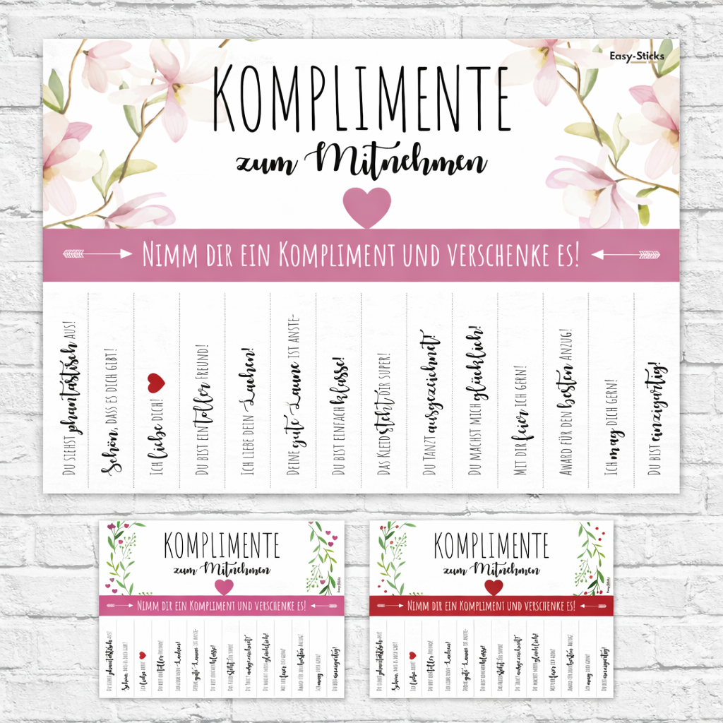 Komplimente zum Abreißen zum Aufhängen - 14 Abreißzettel in 3 Designs