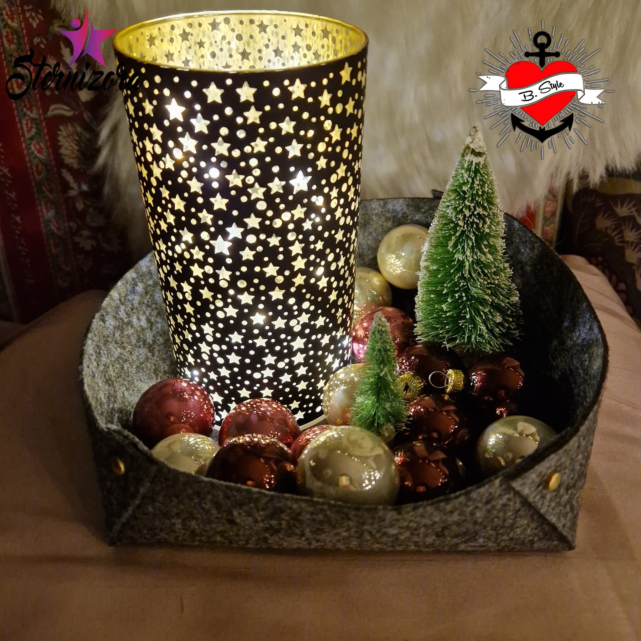 Ein stilvoller Korb mit einer lit-up Sternenlampe und bunten Christbaumkugeln, inspiriert von der Korb DIY Plotterdatei von easy-sticks.