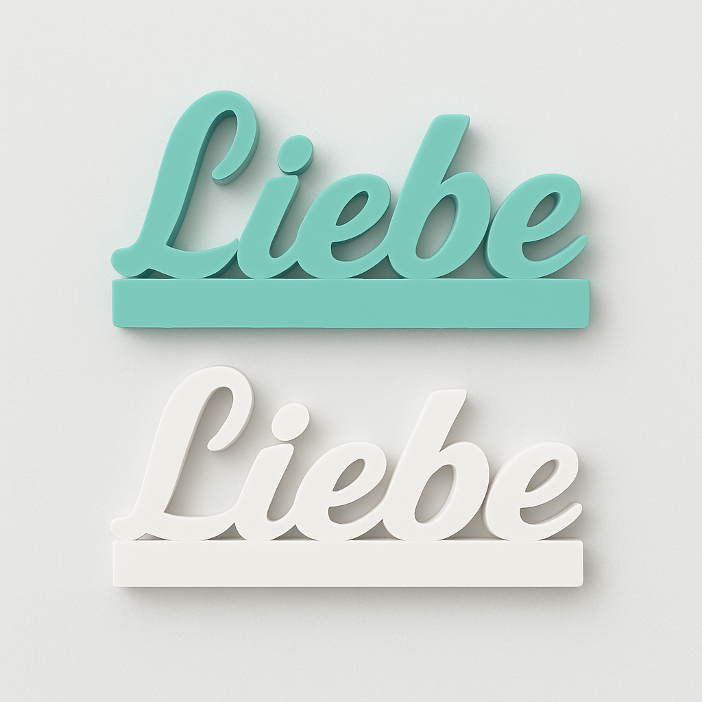 Zwei farbige 'Liebe' Schriftzüge aus hochwertigem Silikon von Easy-Sticks in Türkis und Weiß, ideal für individuelle Dekorationen und Bastelprojekte.