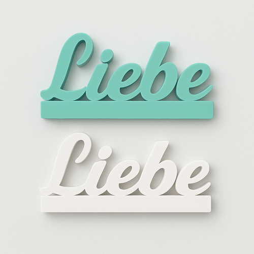 Zwei farbige 'Liebe' Schriftzüge aus hochwertigem Silikon von Easy-Sticks in Türkis und Weiß, ideal für individuelle Dekorationen und Bastelprojekte.