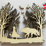 Elegante Holzschnittdarstellung von Rotkäppchen und dem bösen Wolf, umgeben von hohen, kahlen Bäumen. Perfekt für kreative Projekte. Von easy-sticks, Titel: Märchen Rotkäppchen und der böse Wolf Plotter Datei.