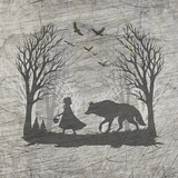 Detailreiche Grafik von Rotkäppchen und dem bösen Wolf in einem Wald, umgeben von fliegenden Vögeln und kahlen Bäumen. Ideal für kreative Projekte. Von easy-sticks, Titel: Märchen Rotkäppchen und der böse Wolf Plotter Datei.