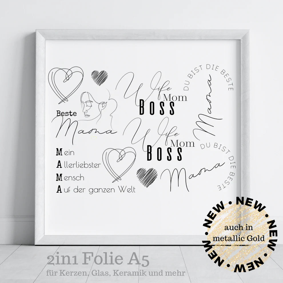 2in1 Metallic Folie Mama in gold für: KERZEN, GLAS, KERAMIK Dekoration