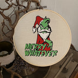 Handgefertigter Stickrahmen mit dem "Merry Whatever" Plotterdatei Design, das eine kreative Note von easy-sticks ausstrahlt und für festliche Freude sorgt.