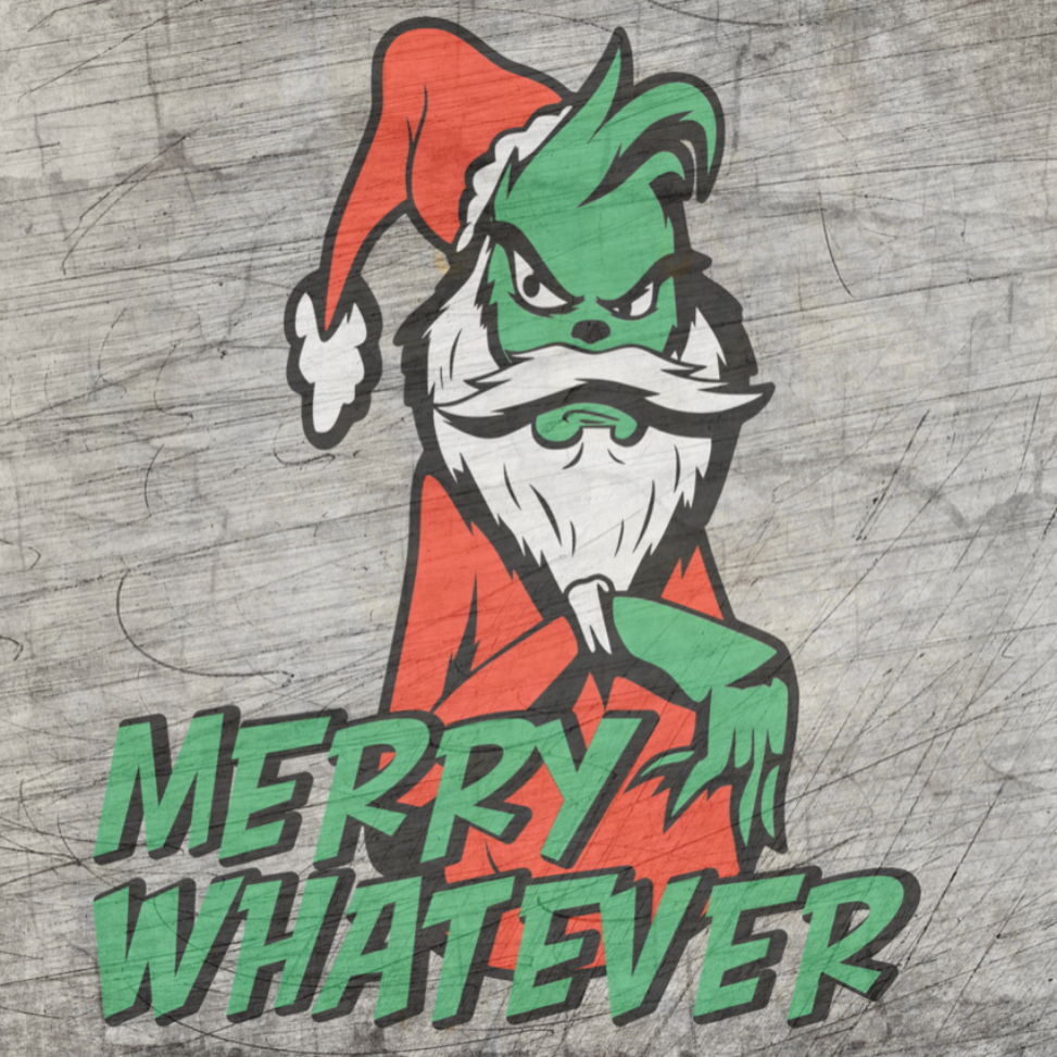 Bunte Illustration eines grünen Charakters in einem roten Weihnachtsmann-Outfit mit einem langen weißen Bart, der mit verschränkten Armen auf einem strukturierten Hintergrund steht. Perfekt für kreative Projekte mit der "Merry Whatever" Plotterdatei von easy-sticks.
