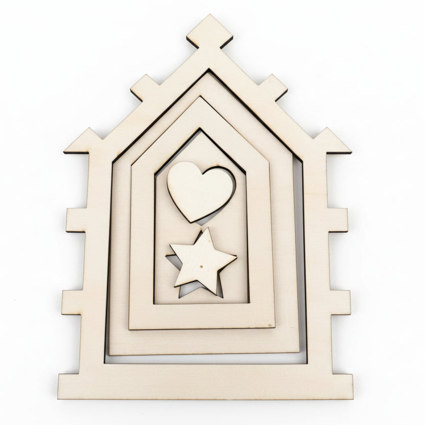 Minimalistisch gestalteter Laserdatei Haus Rahmen von Easy-Sticks, dekorative Holzerelemente mit Herz und Stern.