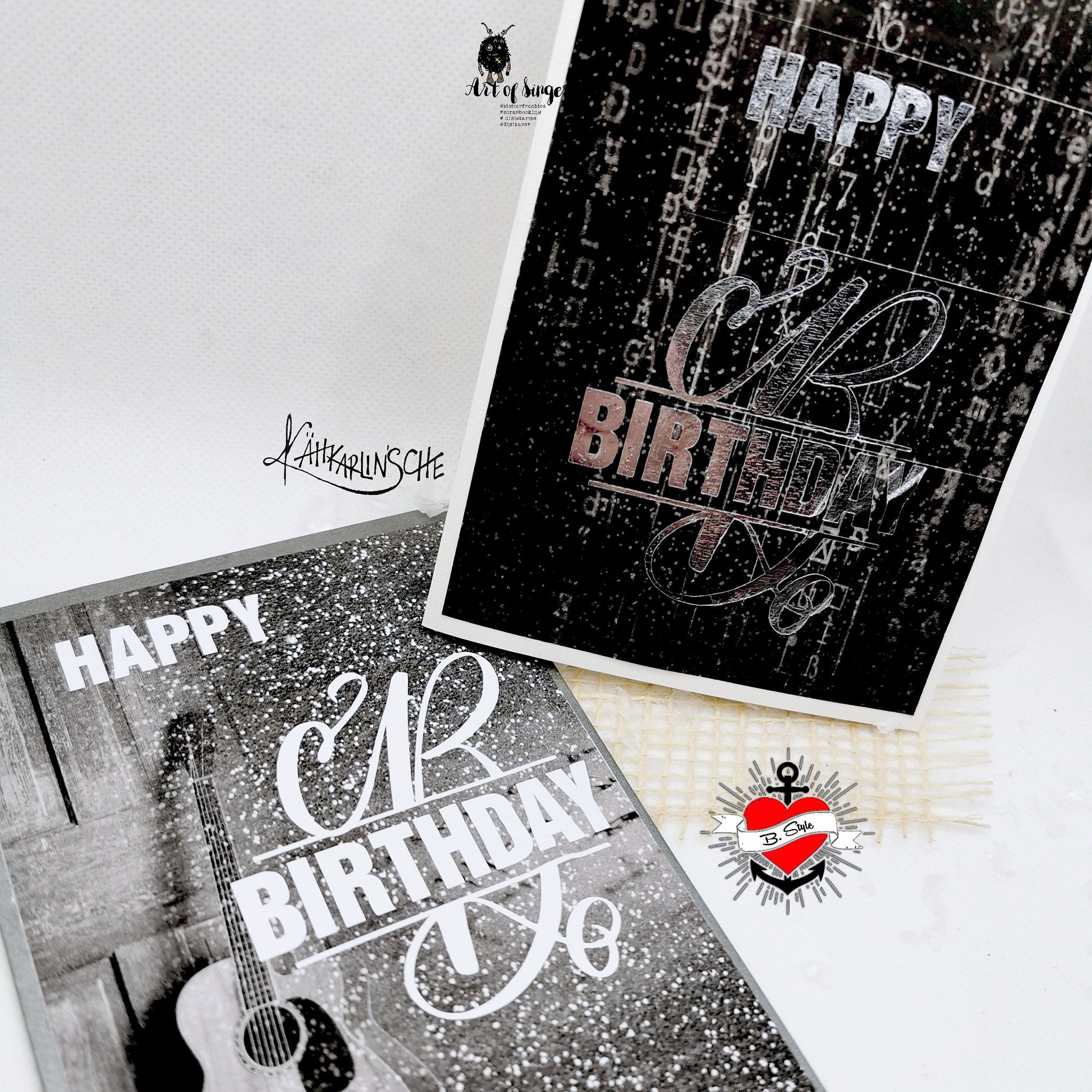 Zwei kreative Geburtstagskarten mit dem Monogramm 'B' und dem Text 'HAPPY BIRTHDAY', basierend auf der Monogram 'B' Plotterdatei von easy-sticks.