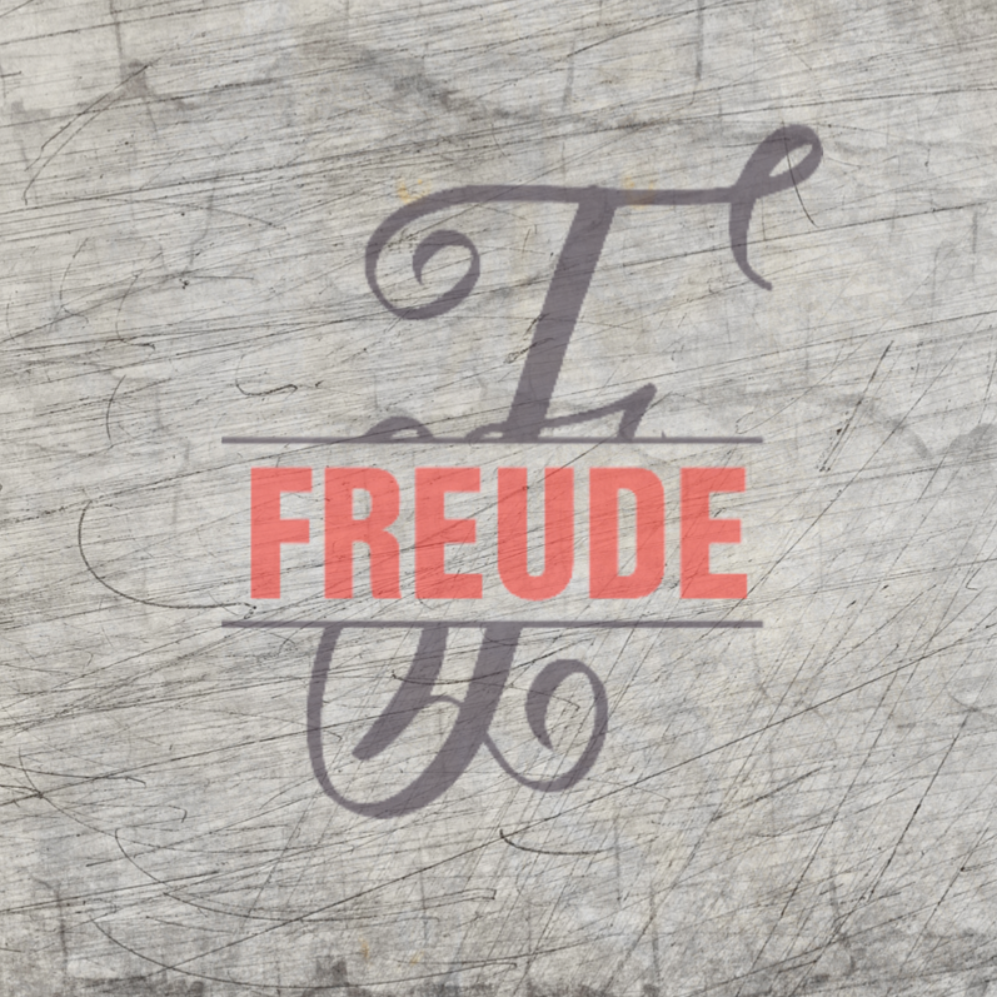 Monogramm 'F' Plotterdatei von easy-sticks, kreativ gestaltet auf Holz mit dem Schriftzug 'FREUDE' in auffälligen Farben, ideal für individuelle Bastelprojekte.