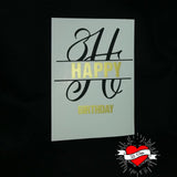 Eine Geburtstagskarte mit dem stilisierten Monogramm "H" und der Aufschrift 'HAPPY BIRTHDAY', entworfen von easy-sticks, basierend auf der Monogram "H" Plotterdatei.