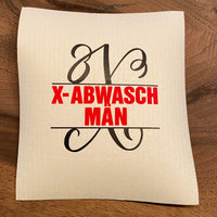 Monogramm "X" Plotterdatei von easy-sticks, präsentiert auf einem DIY-Element mit dem textuellen Hinweis "X-ABWASCHMÄN" in kräftigen roten Buchstaben, perfektes Beispiel für kreative Anwendung.