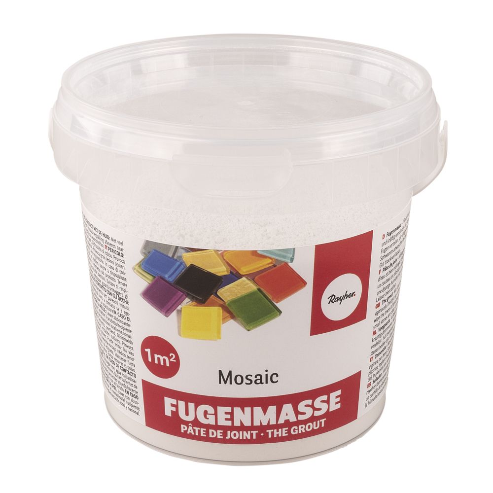 Ein Eimer Fugenmasse in weißer Farbe von Easy-Sticks, ideal für hochwertige Mosaikarbeiten.