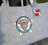 Grau gefilzter Tasche mit dem Aufdruck "Muhviehstar" und einem niedlichen Highlandrind, für DIY-Projekte von easy-sticks.