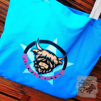 Schicke blaue Tragetasche mit dem einzigartigen "Muhviehstar" Design von easy-sticks, ideal für Freizeit und Einkauf.