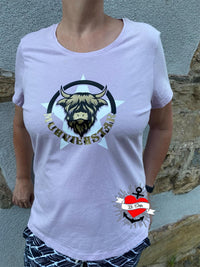 Elegantes lila T-Shirt mit dem auffälligen "Muhviehstar" Logo von easy-sticks, perfekt für einen lässigen Alltagslook.