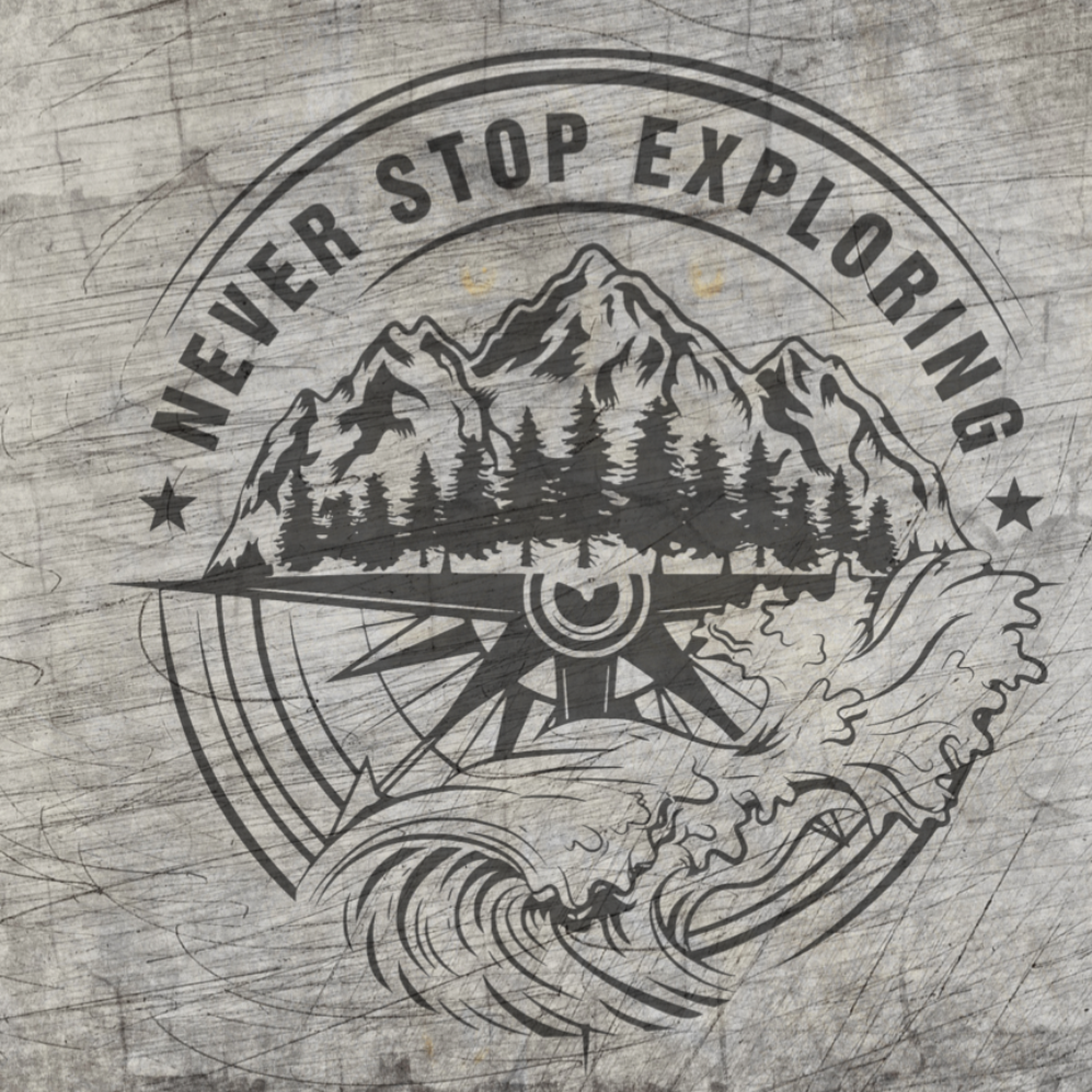 Detailansicht der "NEVER STOP EXPLORING" Plotterdatei von easy-sticks, die ein aufregendes Design mit Bergen und Wellen zeigt, ideal für kreative Projekte.