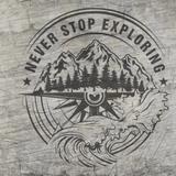 Detailansicht der "NEVER STOP EXPLORING" Plotterdatei von easy-sticks, die ein aufregendes Design mit Bergen und Wellen zeigt, ideal für kreative Projekte.