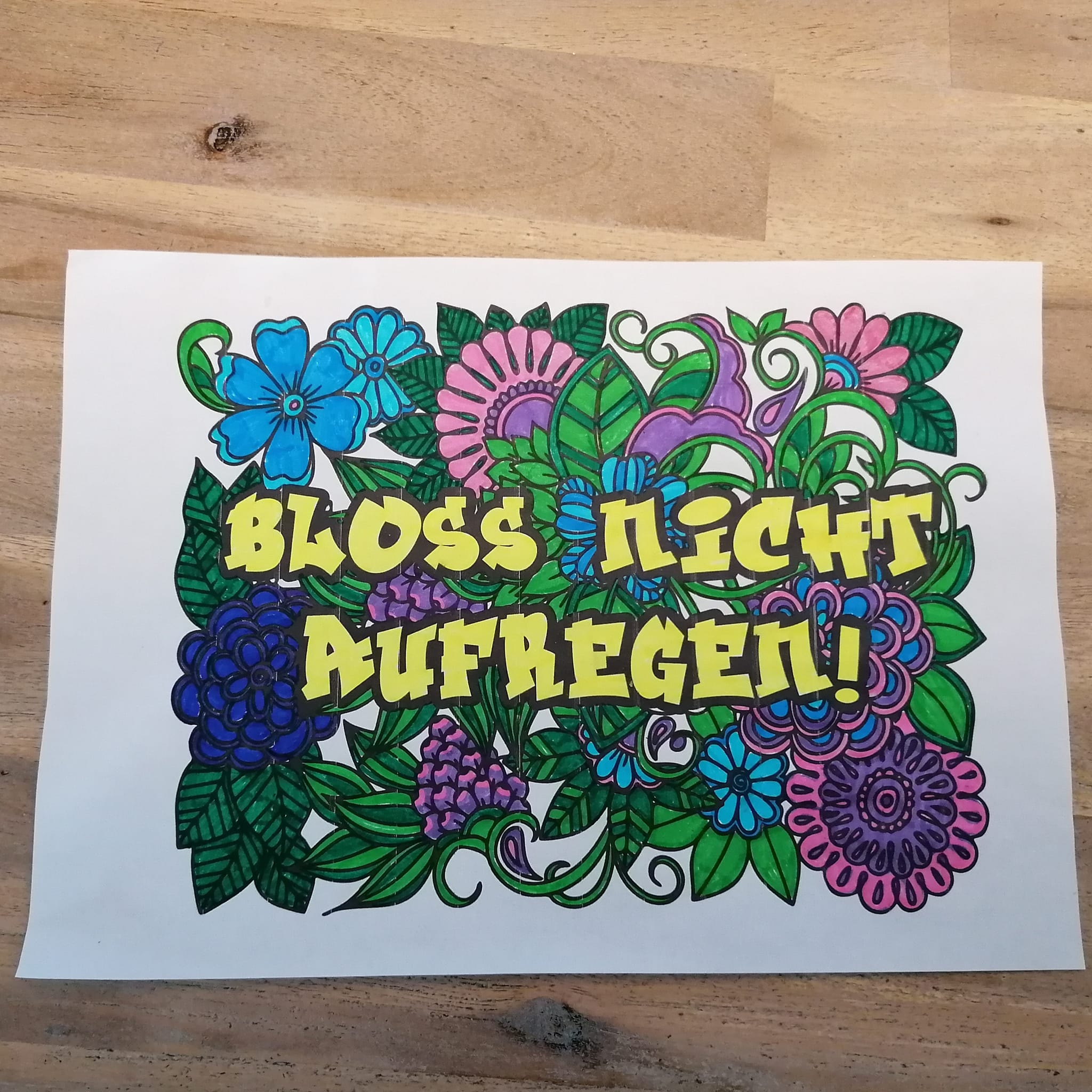Bunte handgezeichnete Illustration mit der Aufschrift 'Bloß nicht aufregen!' von easy-sticks. Perfekt für kreative Plotterprojekte.