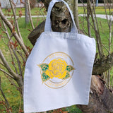 Stofftasche mit gelbem Rosenmotiv und dem Schriftzug "No Regrets Only Memories" von easy-sticks, perfekt für kreative Anwendungen und Geschenke.