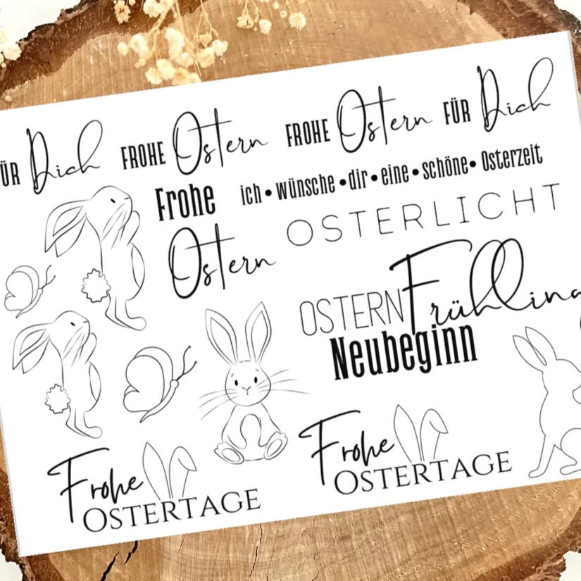 Rub on UV Sticker randlos Ostern von easy-sticks: Bunte Oster-Motive und Sprüche auf einem dekorativen Hintergrund, perfekt für kreative DIY-Projekte in der Osterzeit.